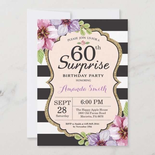 Invitation de surprise 60e anniversaire Femmes flo (Devant)