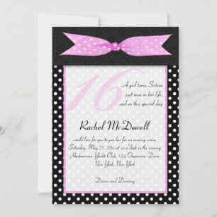 Invitation de Sweet sixteen à points Polka noir et