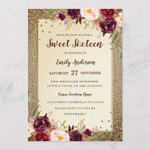Invitation de Sweet Sixteen Burgundy floral Sparkl