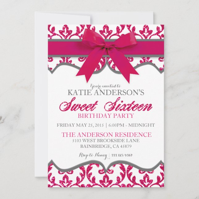 Invitation de sweet sixteen de damassé de parties (Devant)