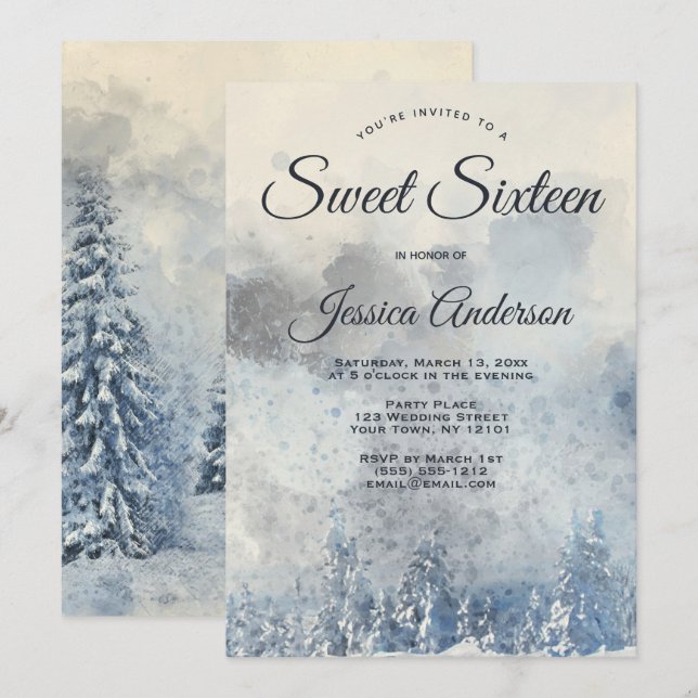 Invitation de Sweet sixteen de forêt d'hiver mysti (Devant / Derrière)