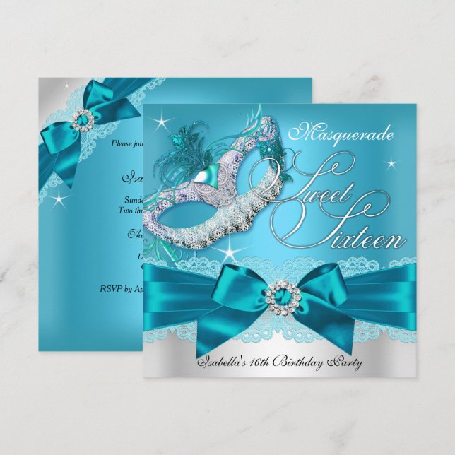 Invitation de Sweet sixteen de mascarade Turquoise (Devant / Derrière)