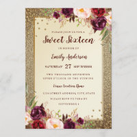 Invitation de Sweet sixteen d'or Sparkle à fleurs 