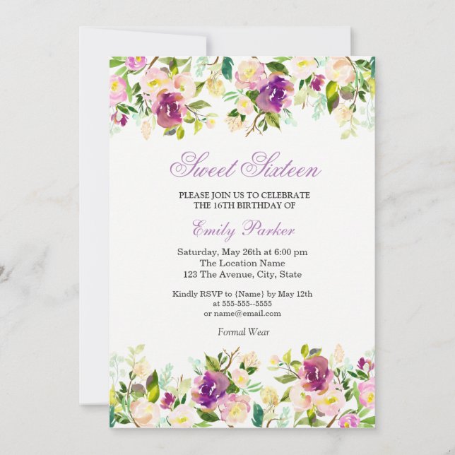 Invitation de Sweet sixteen élégant à la florale v (Devant)