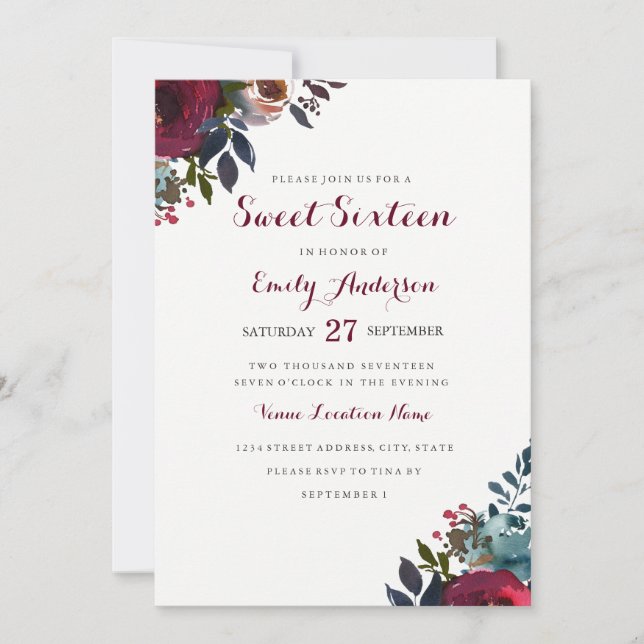Invitation de Sweet sixteen Floral d'aquarelle Bou (Devant)