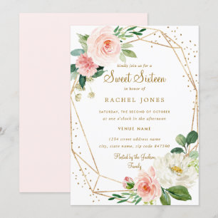 Invitation de Sweet sixteen géométrique floral or