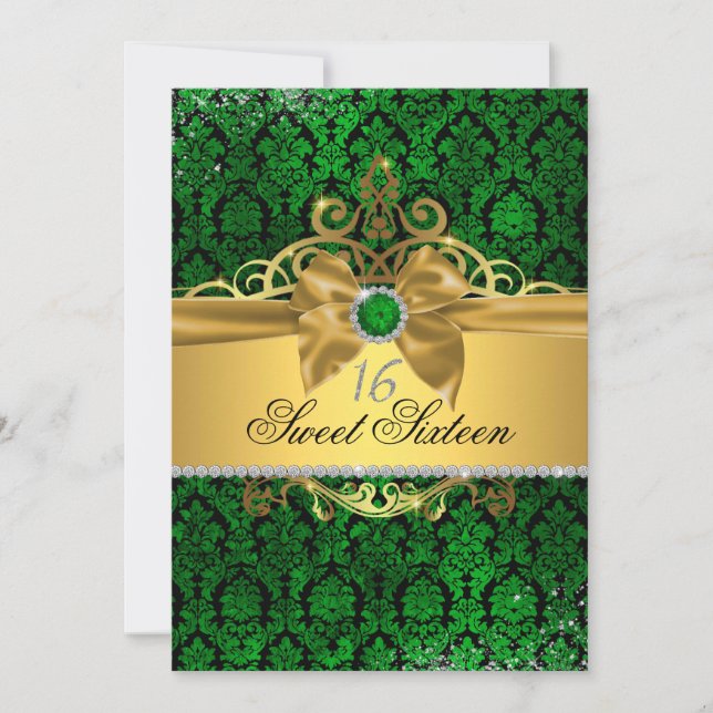 Invitation de Sweet sixteen Gold Green Damask (Devant)