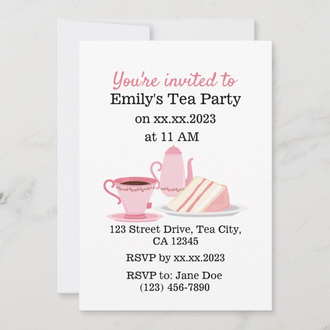 Invitation de Tea Party personnalisable rose migno (Devant)