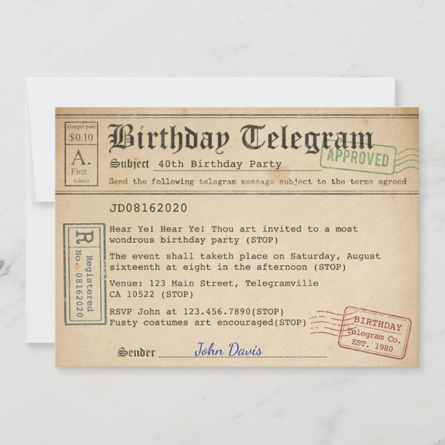 Invitation de télégramme d'anniversaire (Devant)
