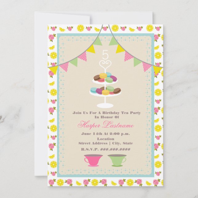 Invitation de thé d'anniversaire de Macarons (Devant)