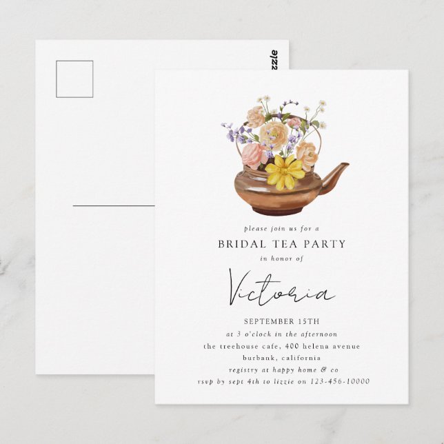 Invitation de thé de mariage de théière florale (Devant / Derrière)