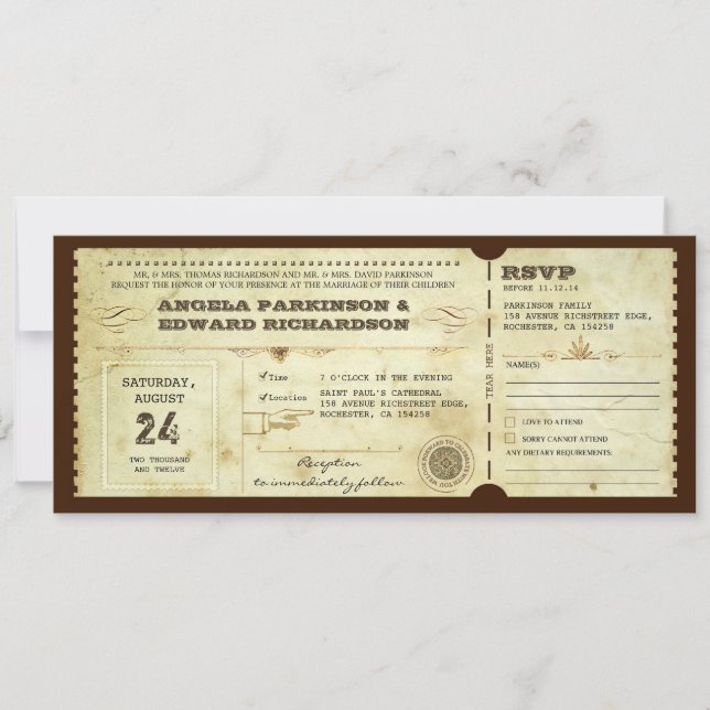 Invitation de ticket vintage mariage avec concepti (Devant)