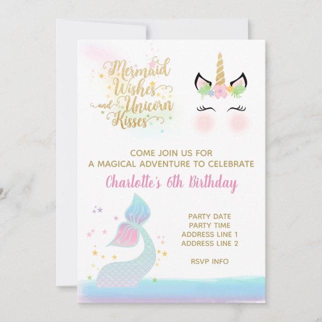 Invitation de Unicorn & Mermaid Tail| OR DE PLUIE (Devant)