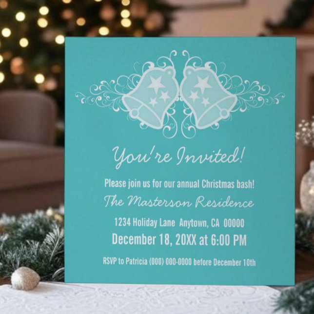 Invitation de Vacances Cloches et Fils, Aqua (Aqua Holiday Bells and Swirls Christmas Party Invitation)