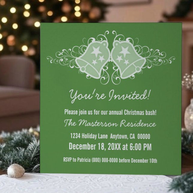 Invitation de Vacances Cloches et Fils, Vert (Green Holiday Bells and Swirls Christmas Party Invitation)