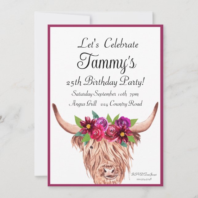 Invitation de vache, Longhorn Vache Floral Anniver (Devant)