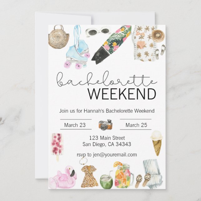 Invitation de week-end de Bachelorette à l'aquarel (Devant)