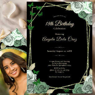Invitation Début élégant de 18 ans avec rose verte sauge noir