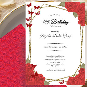 Invitation Début élégant de 18 ans avec roses rouges et or