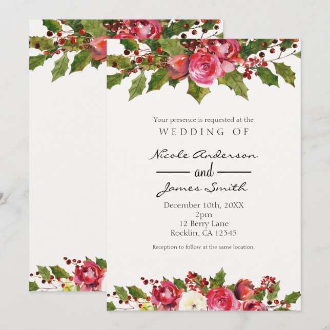 Invitation Décembre Mariage d'hiver Holly Berry Fête Florale (Devant / Derrière)