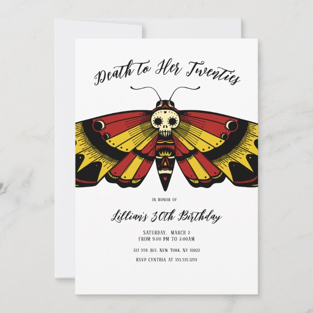 Invitation Décès jusqu'aux années 20 Anniversaire Moth et con (Devant)