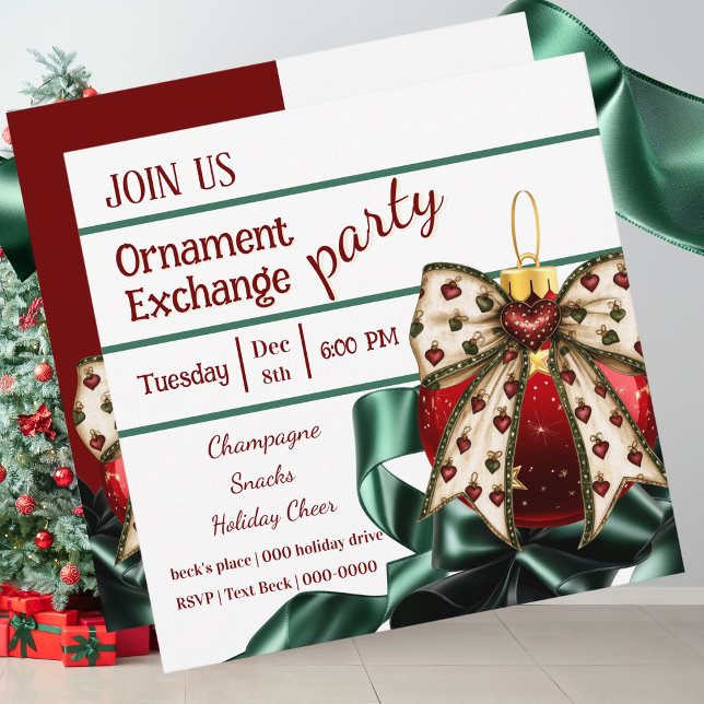 Invitation d'échange d'ornement de Noël (Cute Christmas Oranment Exchange party invitation with coquette bow and ribbon)