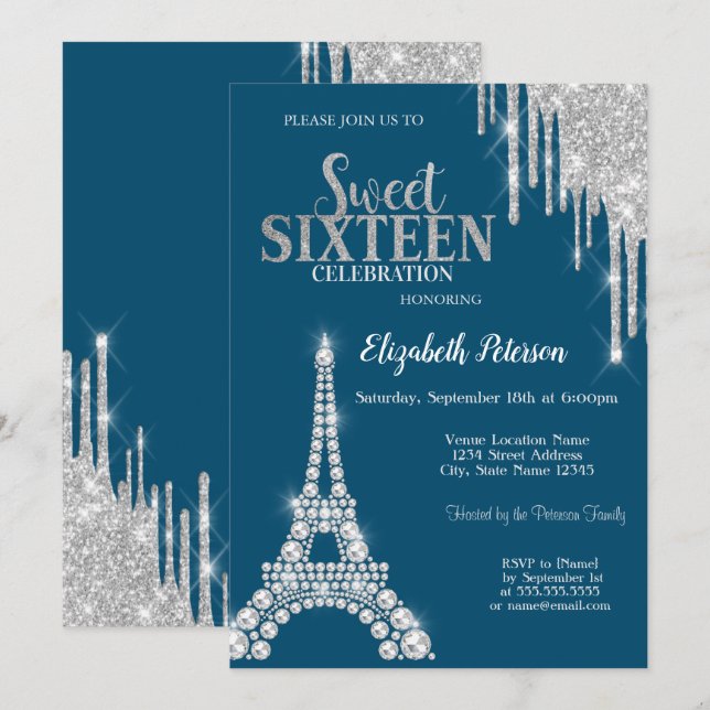 Invitation Déchets d'argent, Diamants Tour Eiffel Sweet 16 (Devant / Derrière)