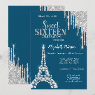 Invitation Déchets d'argent, Diamants Tour Eiffel Sweet 16