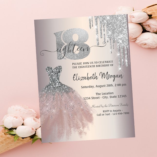 Invitation Déchets d'argent Parties scintillant robe chic 18e (Créateur téléchargé)