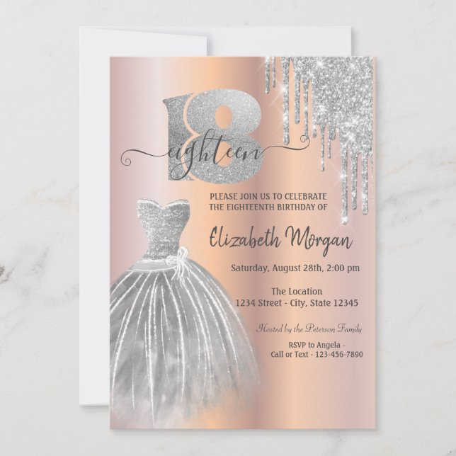 Invitation Déchets d'argent Parties scintillant robe Rose or  (Devant)
