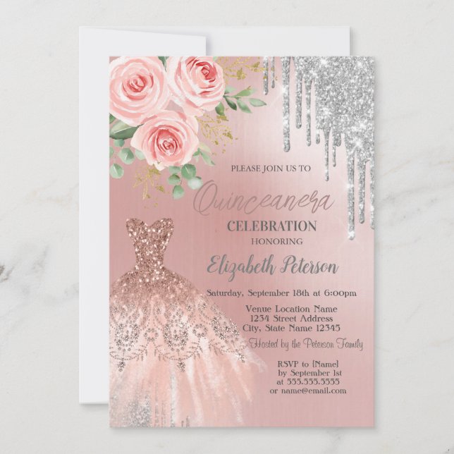 Invitation Déchets d'argent, Robe, Roses roses roses Quincean (Devant)