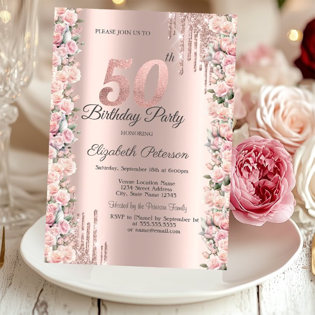Invitation Déchets de cadres rose Rose Gold 50e anniversaire (Créateur téléchargé)