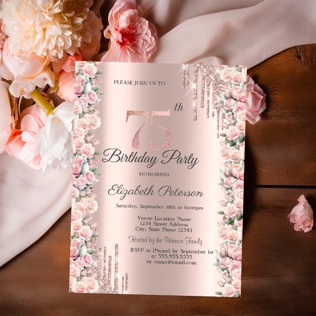 Invitation Déchets de cadres rose Rose Gold 75e anniversaire (Créateur téléchargé)