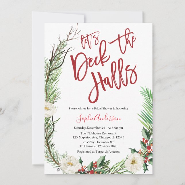 Invitation Deck the Halls Fête des mariées de Noël (Devant)