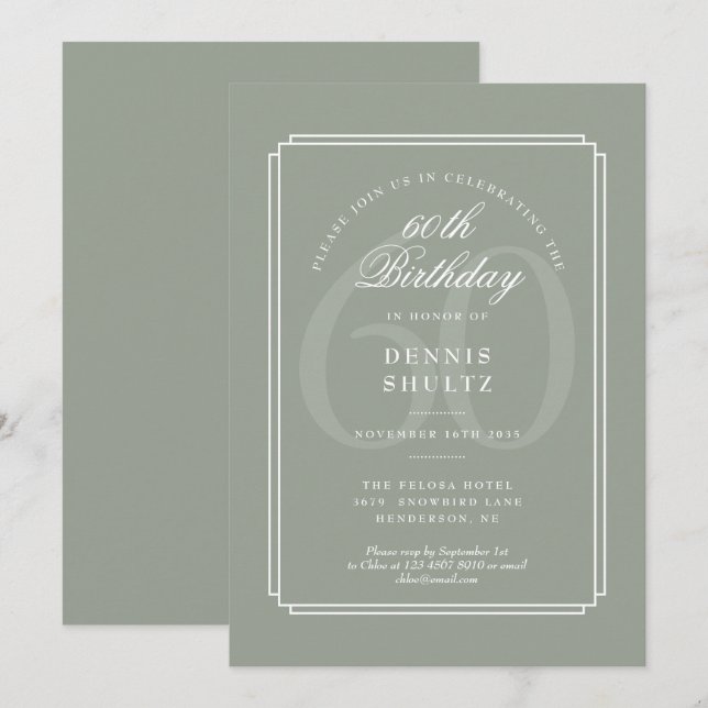 Invitation Déco classique | Sage et Blanc 60e anniversaire (Devant / Derrière)