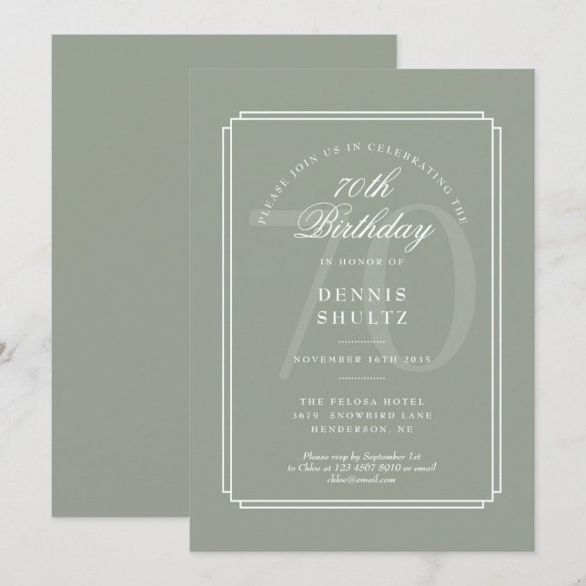 Invitation Déco classique | Sage et Blanc 70e anniversaire (Devant / Derrière)