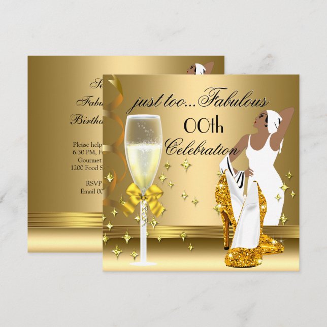 Invitation Déco Dame Or Trop Fabuleux Anniversaire (Devant / Derrière)