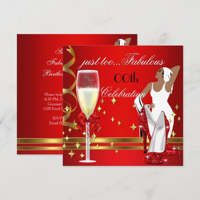 Invitation Déco Dame Rouge Or Trop Fabuleux Anniversaire Part (Devant / Derrière)