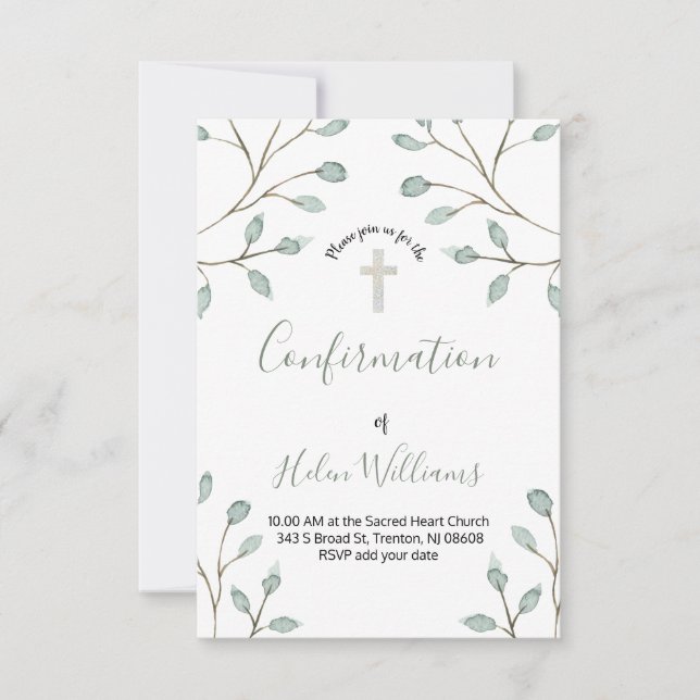 Invitation déco d'aquarelle feuillage Confirmation (Devant)
