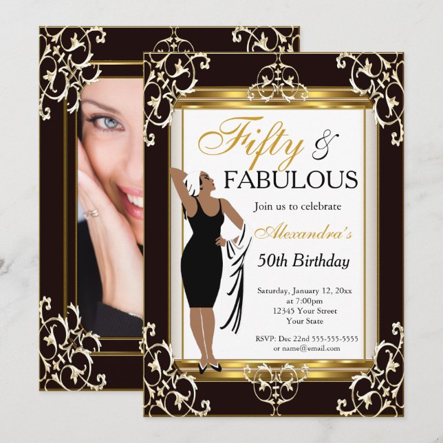 Invitation Déco Lady Gold Black 50th Fabuleux photo d'anniver (Devant / Derrière)