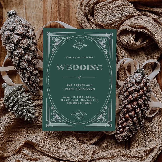 Invitation Déco moderne | Élégant Mariage vert de vacances (An elegant wedding invitation for the holidays in festive green with light silver/white accents)