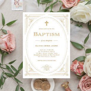 Invitation Déco moderne   Faux Gold et Baptême blanc