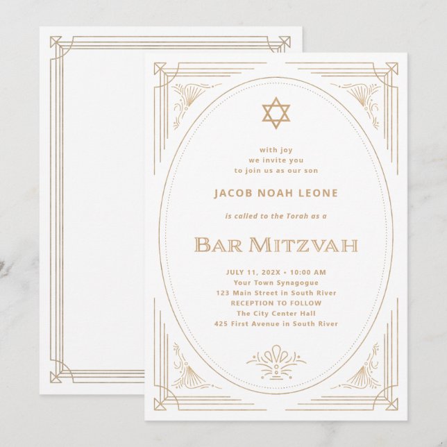 Invitation Déco moderne | Faux Gold et White Bar Mitzvah (Devant / Derrière)