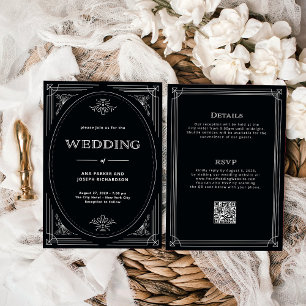 Invitation Déco moderne Onyx Noir tout en un QR Code Mariage