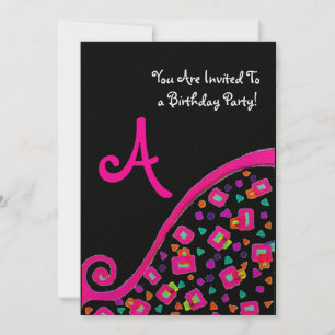 Invitation DÉCO MONOGRAM FÊTE D'ANNIVERSAIRE, fuchsia or noir