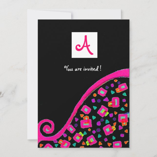 Invitation DECO MONOGRAMME, noir ,rose violet blanc (Devant)