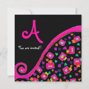 Invitation DECO MONOGRAMME, Rose Violet Fuchsia Noir