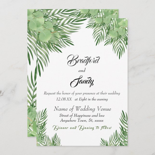 Invitation Décontracté Beach Wedding Green Eucalyptus Palm fe (Devant / Derrière)