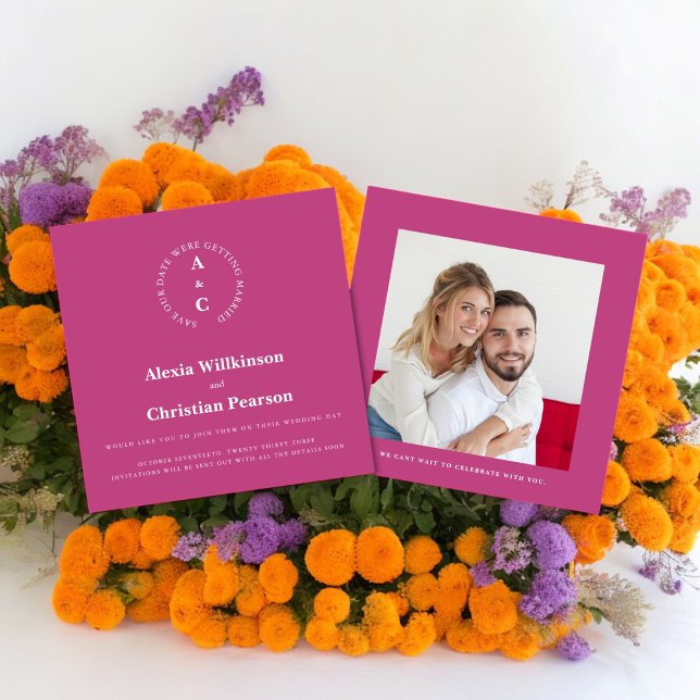 Invitation Décontracté initiales photo rose enregistrer la da (modern pink editable save the date card with photo )