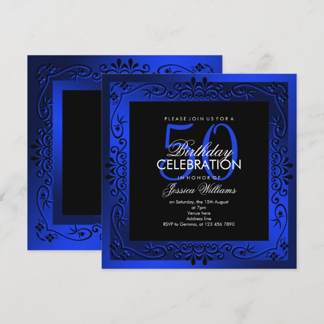 Invitation Décor Bleu Chic encadré 50e anniversaire (Devant / Derrière)